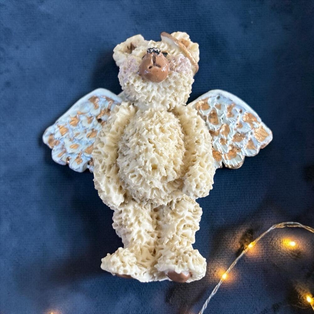 Whimsical Angel Bear Brooch Blue Wings Gold Flecks Folk Art Figural Pin